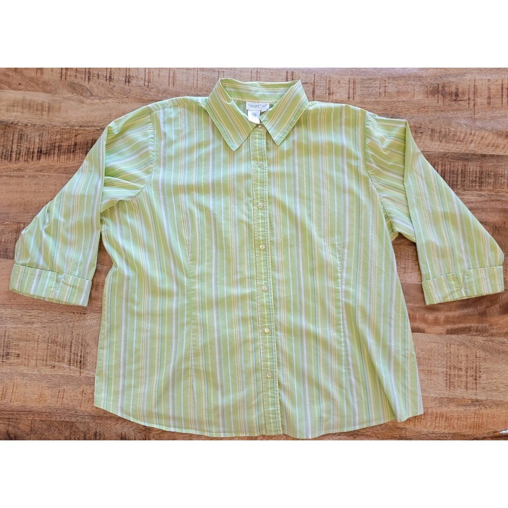 Coldwater Creek Lime Green Stripes 3/4‎ Sleeve Button Up Blouse Sz 2X